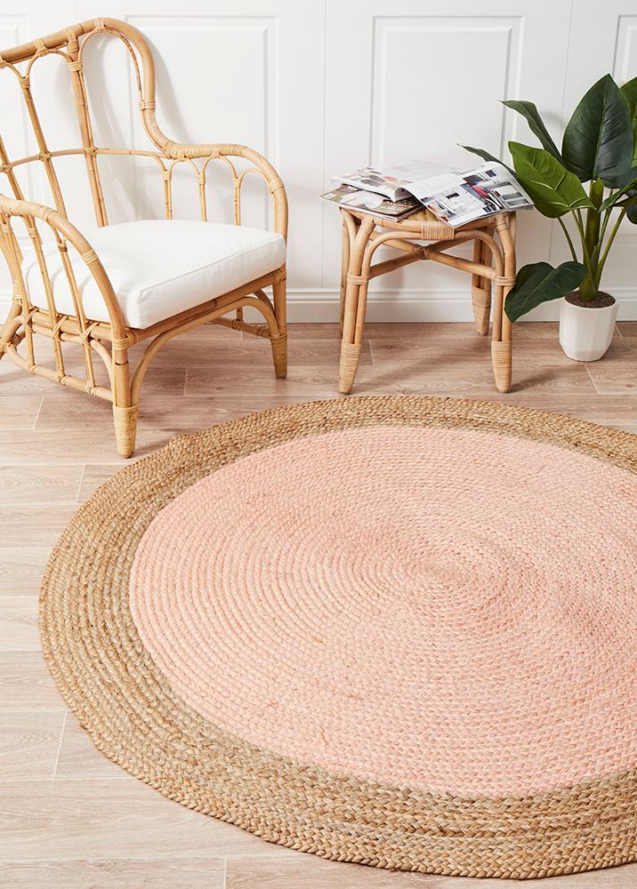 Round Pink Rug Carpet Capers Jute Fibre Flatweave.