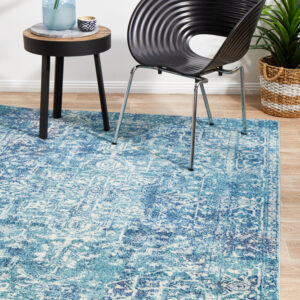 Faded Blue Area Rug close up of living area