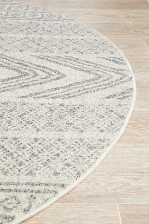 Modern Tribal Design Grey Rug side of round rug