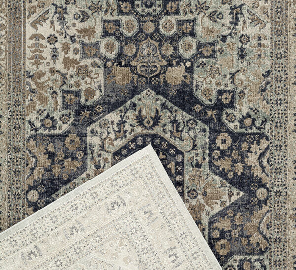 Ornate Traditional Blue Living Room Rug Backing