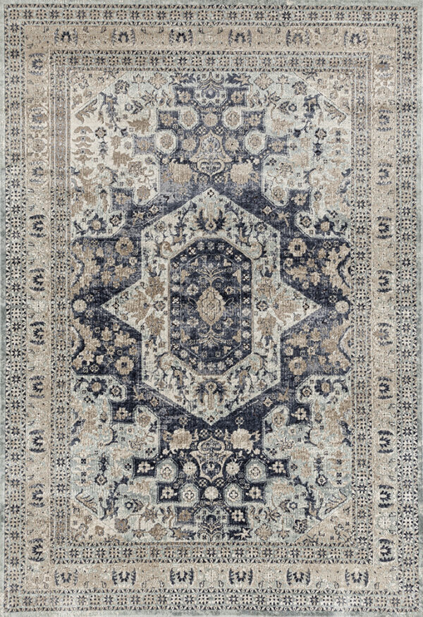 Ornate Traditional Blue Living Room Rug Full view