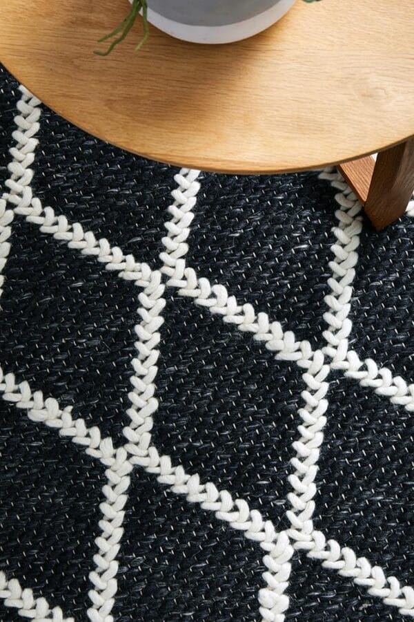Black White Wool Blend Rug close up photo