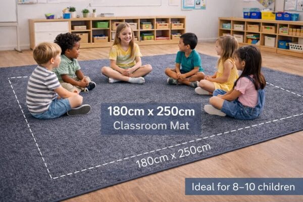 large classroom carpet mat 180cm x 250cm with children sitting in learning circle