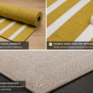 Premium rug underlay with pre-applied double-sided tape for extra cushioning and comfort under rugs.