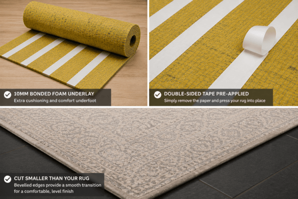 Premium rug underlay with pre-applied double-sided tape for extra cushioning and comfort under rugs.
