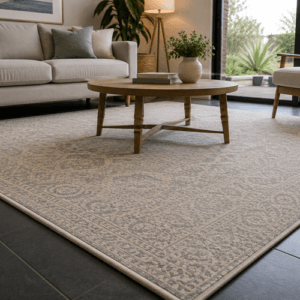Living room rug on tiled flooring showing the smooth bevelled edges created by rug underlay underneath.