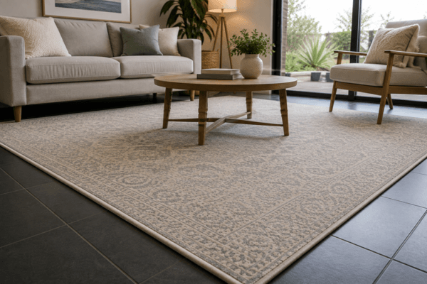 Living room rug on tiled flooring showing the smooth bevelled edges created by rug underlay underneath.