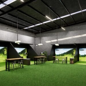 Green marine carpet flooring used in indoor golf driving range simulator