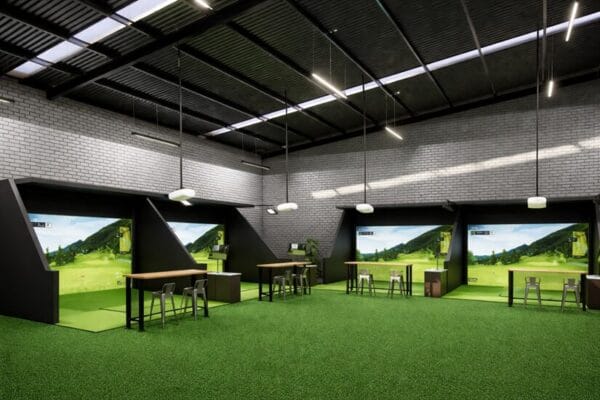Green marine carpet flooring used in indoor golf driving range simulator